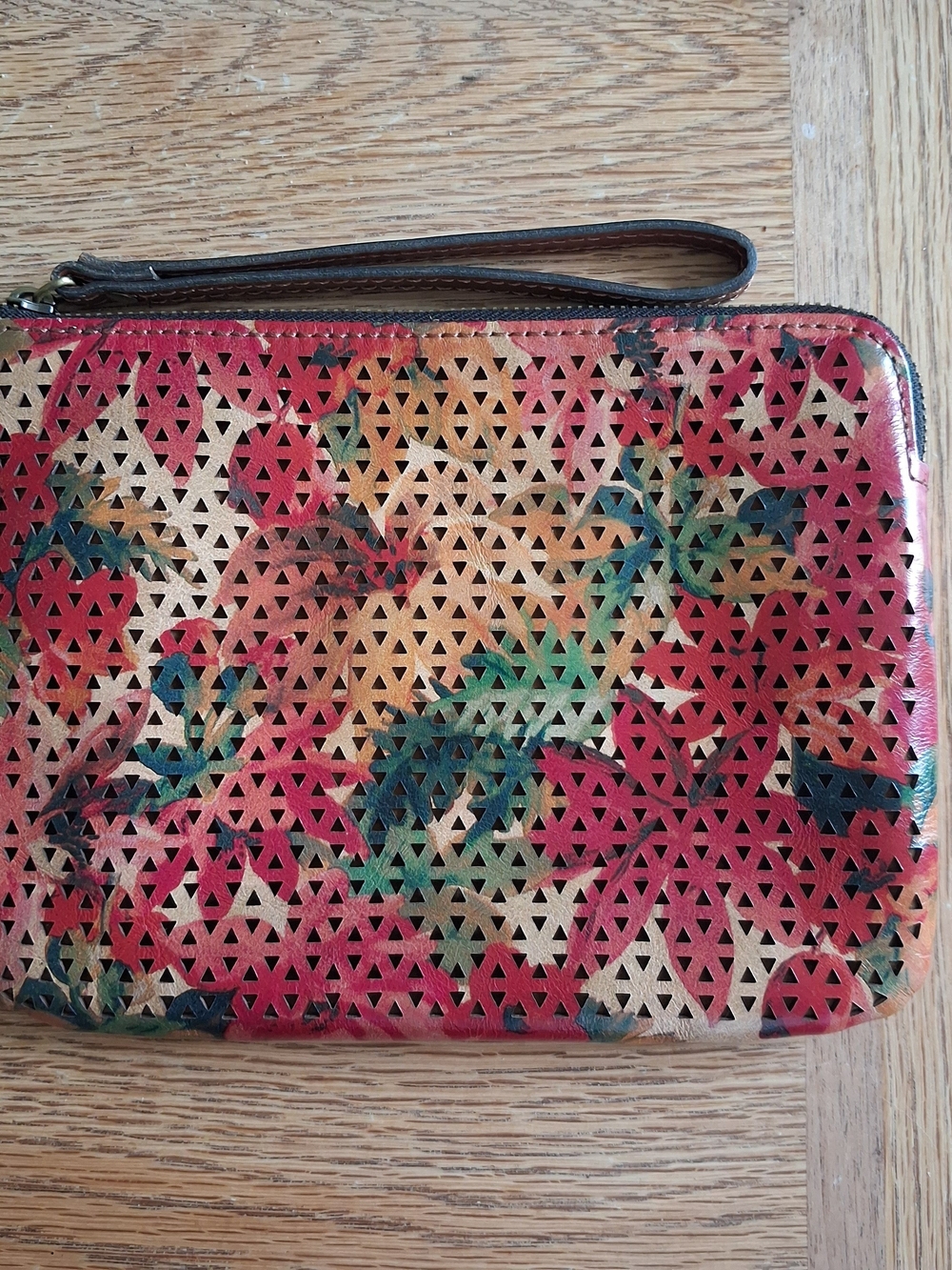 Patricia Nash Red Multicolor Floral Perforated Leather Wristlet
